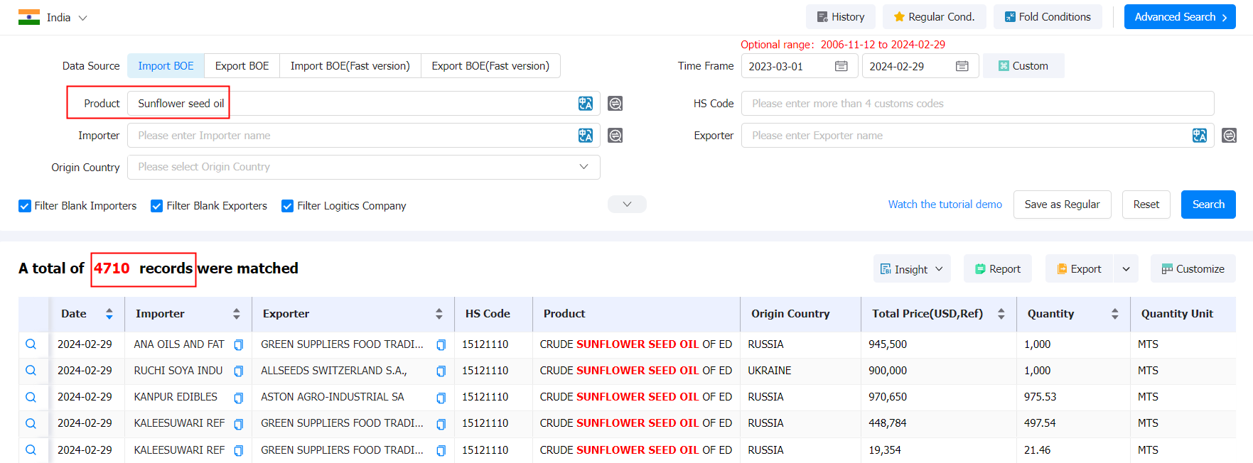 海关数据,印度海关数据,葵花籽油海关数据